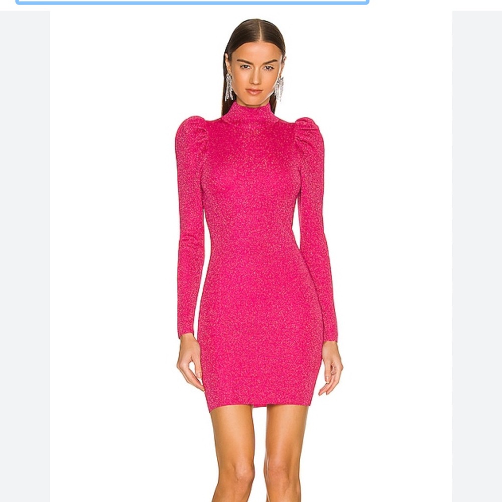 NWT Alice + Olivia Issa Turtleneck Puff Sleeve Dress Wild Pink Metallic